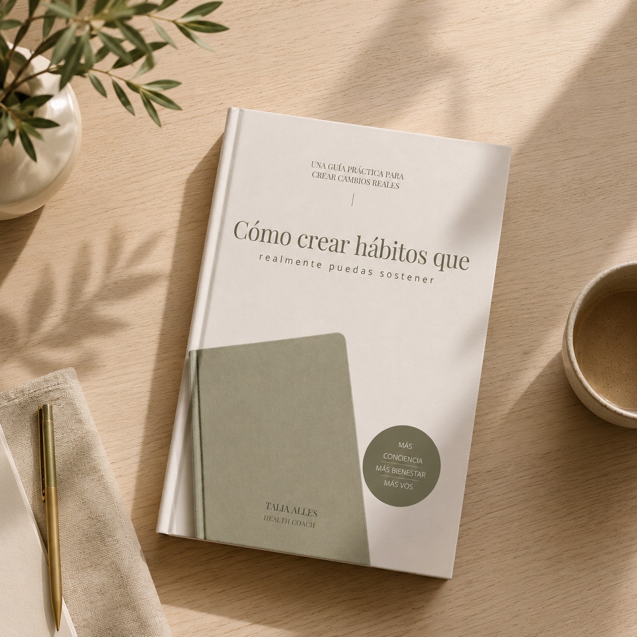 eBook de hábitos saludables sobre un escritorio sereno con plantas y té